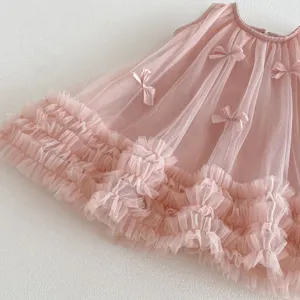 Girls pink sleeveless tulle princess dress with cute bows and ruffled hem for summer.