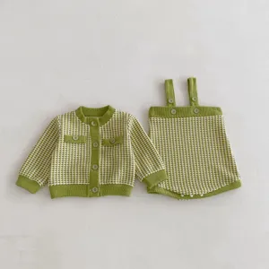 Infant baby girl knit cardigan and strap pants two-piece set, cute green plaid detail.