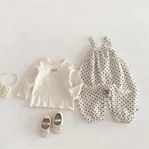 Baby Mädchen Baumwolle Gepunktete Latzhose Und Langarm Tops Koreanischer Stil Süß Kleinkind Kleidung Set