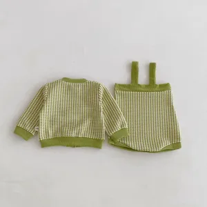 Cute baby autumn green plaid cardigan and strap top set, soft knit fabric for toddlers.