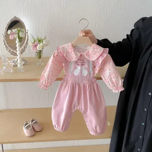 Säugling Baby Mädchen Herbst Jumpsuit Latzhose Und Blumenhemd Set Süßes Kaninchen Druck Langarm Baumwolle Strampler Kleinkind Outfit