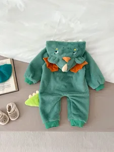 Simpatica tutina peluche da dinosauro per neonati, tuta imbottita con cappuccio per l'inverno.