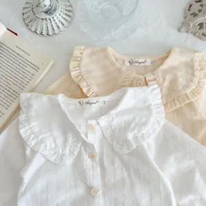 Infant baby girl cotton long sleeve shirt with ruffle collar, cute solid color autumn top.