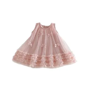 Pink sleeveless mesh princess dress for baby girls with cute 3d bows and layered ruffles.