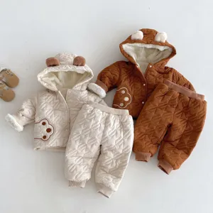 Peuter winter warme gevoerde katoenen jas en broek set met schattige beren oren capuchon.