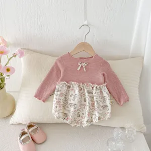 Cute baby girl long sleeve romper, pink waffle knit top and floral bloomer bodysuit main view.
