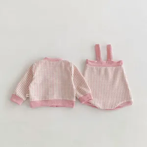 Infant baby pink check cardigan and strap pants set, cute toddler autumn clothing outfit.