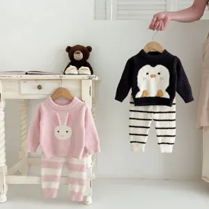 Nourrissons Tout-Petits Mignon Dessin Animé Animal Polaire Pyjama Ensemble Sweat-shirt Manches Longues Et Pantalon Rayé Chaud Automne Hiver Vêtements Maison