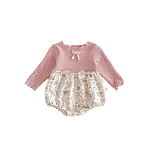 Cute baby girl long sleeve romper with waffle knit top and floral print bloomers for autumn.