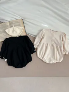 Adorable baby long sleeve romper set with cute lace collar and matching beret hat for infants.