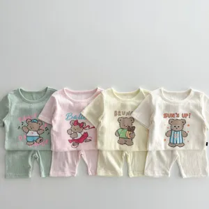 Set top e pantaloncini maniche corte stampa orso colore caramella estate stile coreano