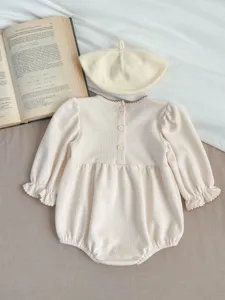 Infant baby girl waffle knit long sleeve romper bodysuit with matching hat detail
