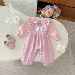 Süßer Baby Kleinkind rosa Jumpsuit Blumen Rüschenkragen Kaninchen Druck Herbst Alltag