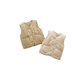 Cute beige quilted children vest, warm baby windproof winter coat, versatile kids outerwear.