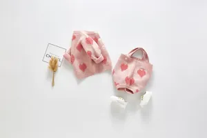 Infant baby pink knit cardigan and straps romper with cute heart pattern two piece set
