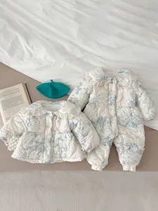 Infant baby quilted thermal romper and coat set with delicate lace collar and blue floral print.