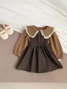 Toddler baby girl long sleeve top and plaid dress set with lace collar cute outfit