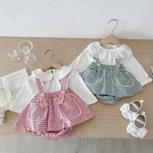 Infant Baby Girl Autumn Long Sleeve Blouse And Floral Suspender Romper Dress Toddler Crawling Suit Cotton Set