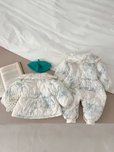 Infant baby winter warm quilted floral jumpsuit and lace collar jacket set for cute girls.
