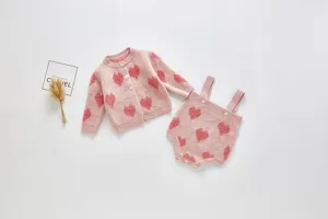 Cute Baby Girls Knit Cardigan And Romper Set With Flocked Hearts Toddler Outfit