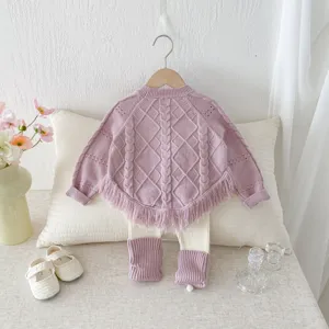 Toddler girls knit sweater cardigan retro jacquard fringe top and leggings set autumn