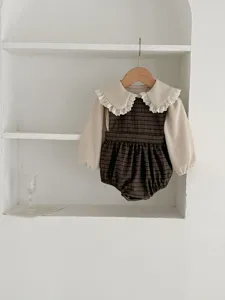 Cute baby girl long sleeve top and plaid romper set with lace collar for infants.