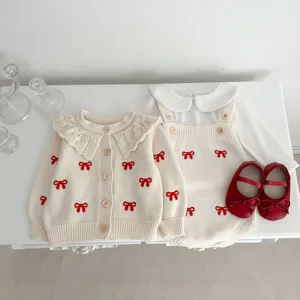 Baby knit cardigan and romper set with red bow embroidery, cute princess style toddler outfit.