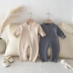 Infant knitted romper set with raglan sleeves and front buttons, cute baby jumpsuit for autumn.