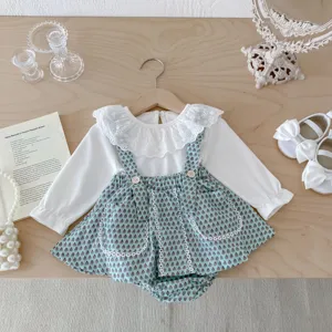 Baby girl cute long sleeve romper set with floral print suspender skirt detail for autumn wear.