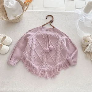 Girls pink knitted tassel sweater coat, cute pompom drawstring baby winter cardigan top.