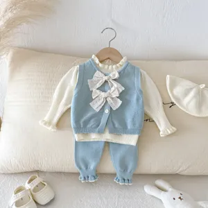 Set gilet in maglia bambina vestito autunno inverno fiocco pizzo abbigliamento 3 pezzi