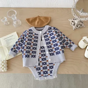 Baby knit cardigan romper set infant autumn winter geometric pattern knitwear baby clothes