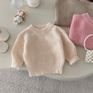 Suéter de punto liso con cuello redondo para bebé, top de manga larga cómodo para otoño.