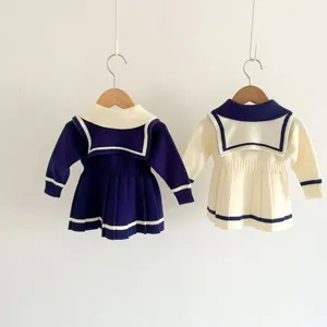Toddler girls sailor style knit dress long sleeve baby autumn pleated sweater dress cute knitwear
