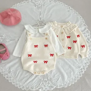 Baby knit cardigan romper set with cute red bow embroidery and white collar shirt for girls.