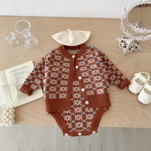 Cozy baby knit cardigan and romper set, stylish geometric winter clothing for infants.