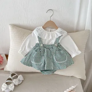 Infant baby girl long sleeve lace collar top and green printed strap romper set, cute daily outfit.