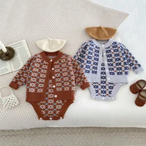 Infant baby knit cardigan and romper set with beret, cozy geometric pattern detail view.