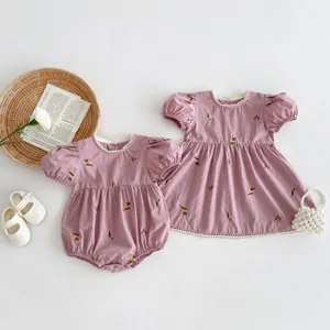 Verano bebe nina conjunto coordinado hermanas bordado limon lindo manga corta romper vestido