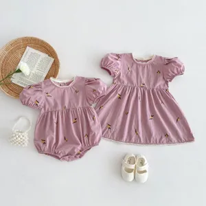 Bebé niñas verano hermanas juego conjunto mameluco manga corta y vestido con bordado limón.