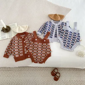 Baby knit cardigan romper set infant toddler autumn winter cute geometric sweater outfit