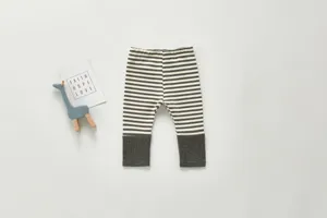 Baby striped leggings detail showing soft cotton fabric and ribbed cuffs in a neat flat lay.