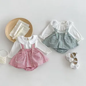 Cute baby girl autumn floral romper set with long sleeve white top and cute matching shoes.