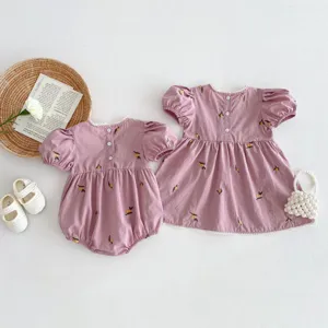 Lindo conjunto hermana bebé pequeña verano manga corta vestido pelele bordado de limón