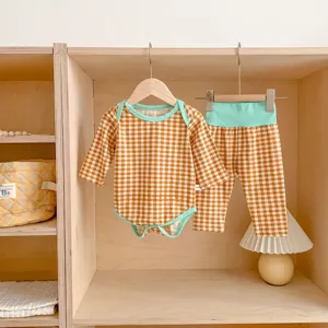 Neonato cotone a quadri manica lunga tutina e pantaloni vita alta set vestiti infantili