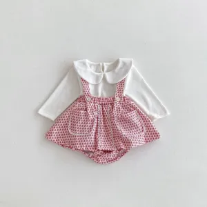 Cute baby girl long sleeve romper set with pink floral print suspender bloomers and collar detail.