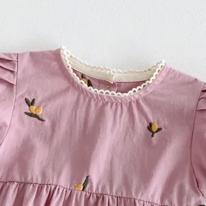 Primer plano del cuello del vestido de bebé, bonito bordado de limón y ribete de encaje.