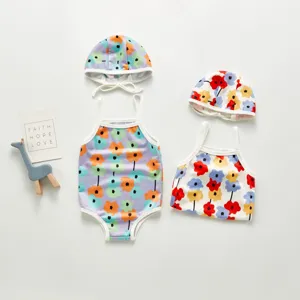 Kids cute floral swimsuit set toddler baby girls summer beach swimwear with matching caps