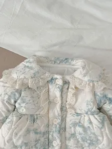 Winter baby girl thick warm floral outerwear coat detail with lace ruffle collar and buttons.