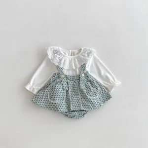 Baby long sleeve blouse with lace collar and mint green printed suspender skirt set details.